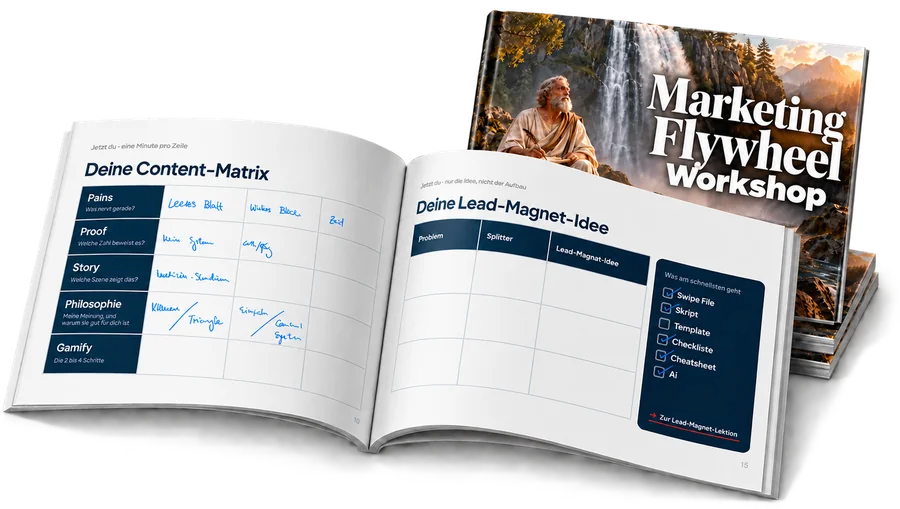 Das Workbook zum Workshop, aufgeschlagen bei der Content-Matrix und der Lead-Magnet-Idee